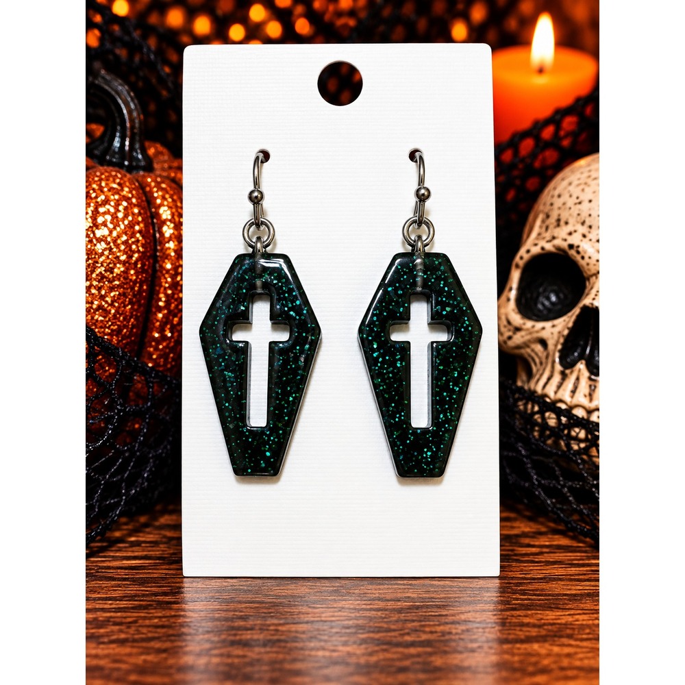Glitter Resin Coffin Cross Earrings Gothic Halloween Dangle Earrings Handmade